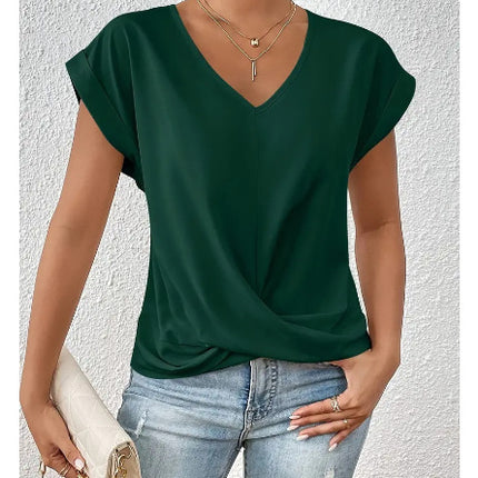 Fashion V-neck Short-sleeve T-shirt Summer Casual Irregular Knot Top For Women Clothing