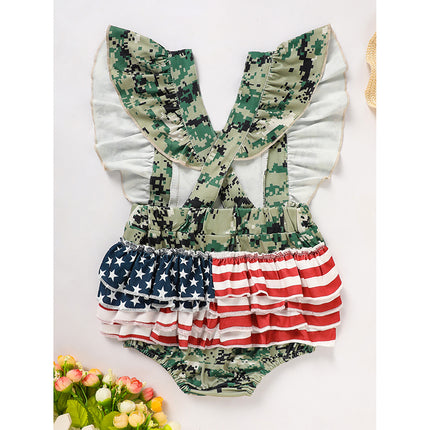 Baby's Girl 4th Of July Independence Day Style Camouflage Pattern Triangle Bodysuit, Casual Sleeveless Romper, Toddler & Infant Girl's Onesie