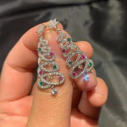 New Full Inlaid Colorful Zircon Christmas Tree Tassel Earrings Women's Fashion Personality Earrings Party Jewelry Christmas Gift