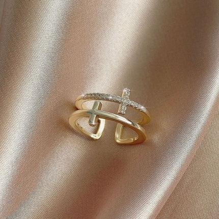 Double Cross Miniature Copper Inlaid Zircon Ring