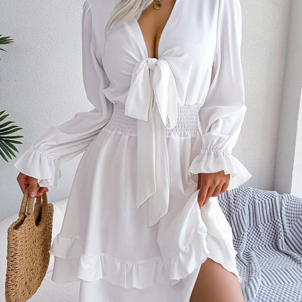 Summer Dresses Solid Color V-neck Long Sleeve Dress For Women Sexy V-neck Lace Up A-line Dress Women's Beach Dress