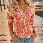 Big Size Bohemian Printed Long Sleeve T-Shirt Summer Fashion V-Neck Top Beach Clothing For Women