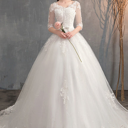 Wedding Dress Trailing Deep V Neck Lace High Waist Wedding Dress Long Sleeves