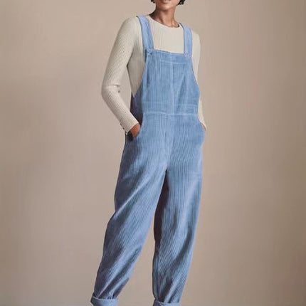 Corduroy Bib Overalls With Buttons And Pockets Fashion Casual Jumpsuit Loose Straight Pnats For Women