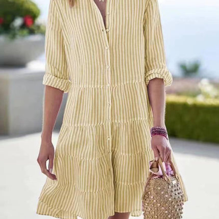 Ins Striped Long-sleeved Shirt Dress Fashion Lapel Button Dresses For Women
