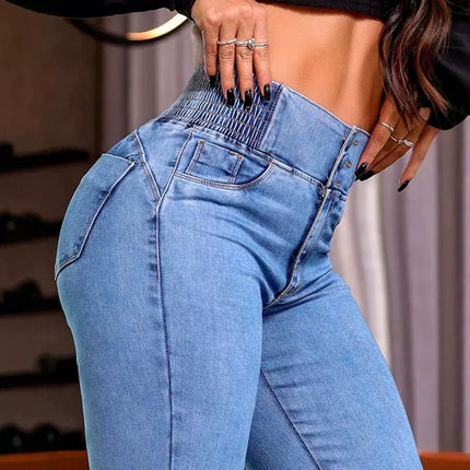 Sexy Elegant New Fashion Casual Female Trouser Bottom Back Shirred Button Front High Waist Jeans