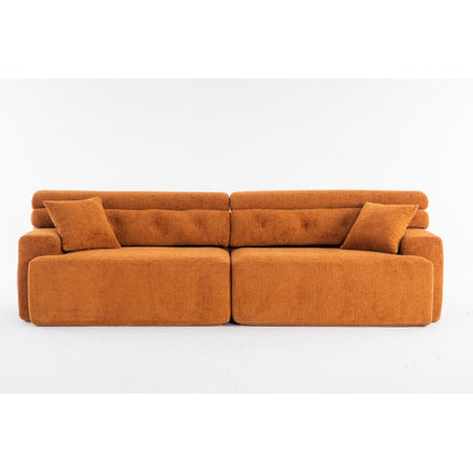 LY-029 ORANGE COMPRESSION SOFA 4-seater Combined Sofa, Wood Grain Chenille Fabric, Full Sponge Compression Sofa,combined Sofa With 2 Pillows For Living  Home Furniture  Apartment