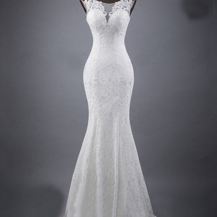 Lace slim and thin double shoulder tail wedding dress
