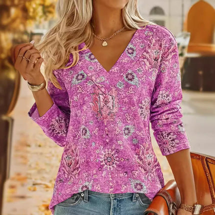 Big Size Bohemian Printed Long Sleeve T-Shirt Summer Fashion V-Neck Top Beach Clothing For Women