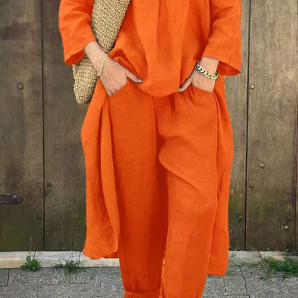 2pcs Long-sleeved Suits Loose V-neck Long Top And High Waist Wide Leg Pants With Pockets Women's Clothing