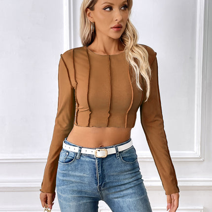 New Slim Long Sleeve T-shirt With Exposed Stitching Design Y2K Fashion Sexy Navel-exposed Short Top Womens Clothing