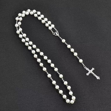 Imitation Pearl Cross Rosary Long Christian Necklace Unisex Sweater Chain