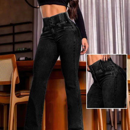 Sexy Elegant New Fashion Casual Female Trouser Bottom Back Shirred Button Front High Waist Jeans