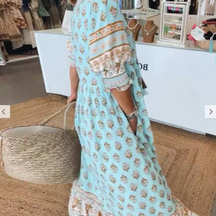 Summer Bohemian Print Lantern-Sleeved Dress Fashion Loose V-Neck Ruffle Long Dress Beach Clothing For Women