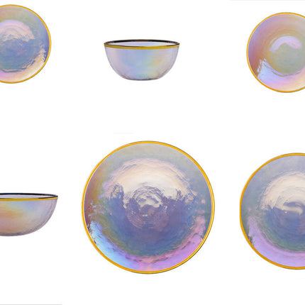 Rainbow Ion Plated Hammer Pattern Glass Plate Bowl Fruit Plate Bowl Set