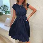 Summer Pleated Short-sleeved Dress INS Fashion Waist-tied Beach Dresse Women's Clothing
