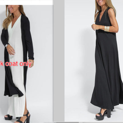 New Solid Color V-neck Sleeveless Dress Long Cardigan Jacket Suit For Women