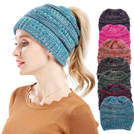 Mixed Color Knitted Wool Hat Ladies Non-labeled Ponytail Hat