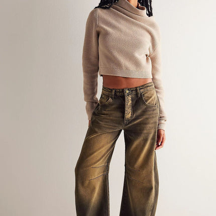 High Stretch Mid-Rise Barrel Jeans Fashion Wide Leg Shape Women Casual Baggy Mid Waist Denim Jeans