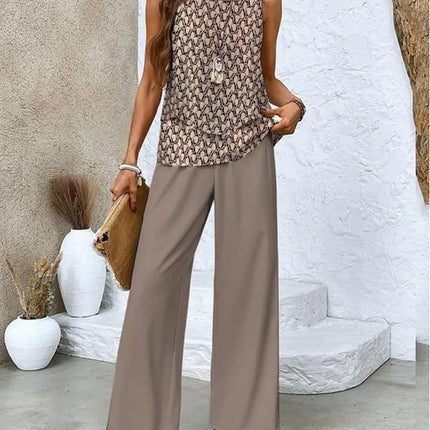 Print Suits Sleeveless Double-layer Vest And Loose Straight Pants Womens Clothing