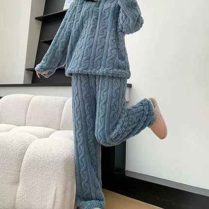 Autumn And Winter New Twist Zipper Couple Fleece-lined Thick Coral Fleece Pajamas Homewear Loungewear Sleepwear For Sleeping