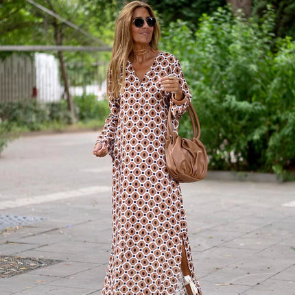 Summer Geometric Printed V-neck Long Dress Fashion Long Sleeve Slit Dresses For Women