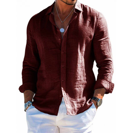 Men's Long Sleeve Shirt Casual Loose Lapel Button Top Solid Color Plus Size Blouse Clothing