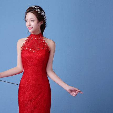 Big red wedding dress bride large size waist fishtail wedding dress palace fishtail tail Korean hanging neck