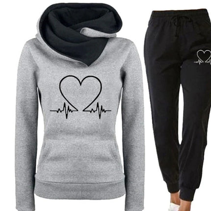 Love Heart Printed Sports Suit Hooded Sweatshirt Top And Drawstring Pants Fashion Casual Clothing For Women