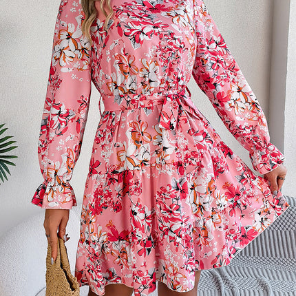 Standing Collar Floral Print Waist-controlled Long Sleeves Ruffled A-line Dresses For Women Spring Autumn Ruffle Edge Long Dress