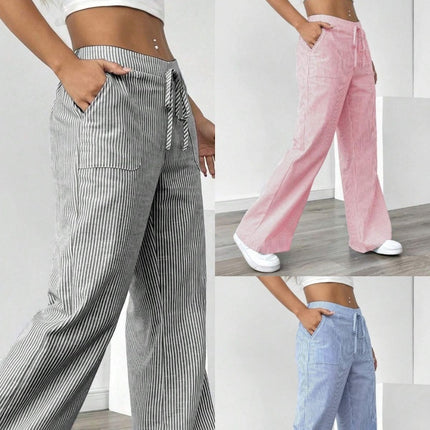New Striped Trousers With Pockets Casual Versatile Loose Wide Leg Pants Women's Clothing