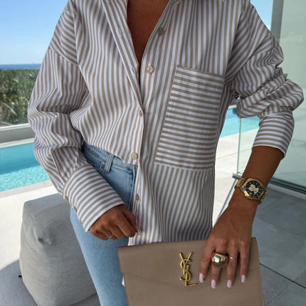 Spring Summer Long Sleeve Lapel Shirt Striped Print Lapel Shirt With Irregular Hem Button Placket Casual Loose Women's Blouses