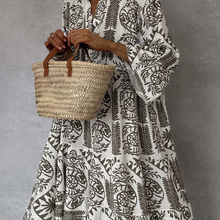 Autumn Casual Print Vacation Loose Dress Women Fashion V-neck Flare Sleeve Elegant Ruffle Shirt Dress Female Vintage Loose Dress