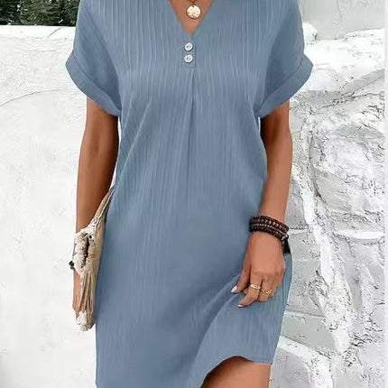 Fashion V-neck Short-sleeved Dress Casual Solid Strip Button Dresses Womens Clothing