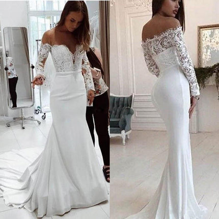 Fashion One Shoulder Lace Long Sleeve Dress Mopping Wedding Dress