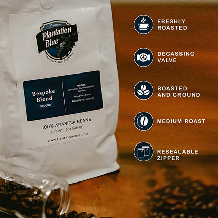 PREMIUM PLANTATION BLUE TRADITION CLASS EXPERIENCE 100% Jamaica Blue Mountain Coffee Medium Roasted and Ground (16oz)