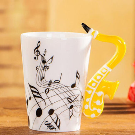 Coffee cup with music notes in the form of saxophone handle ceramic porcelain cup of tea milk method