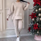 Women's Solid Color 2-Piece Set, Loose Fit Top With Slit Hem & Slim Fit Pants For Spring And Fall