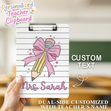 Custom Text Name Folder with Pink Bow & Pencil Design – Teacher's Day & Back to School Gift