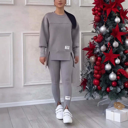 Women's Solid Color 2-Piece Set, Loose Fit Top With Slit Hem & Slim Fit Pants For Spring And Fall