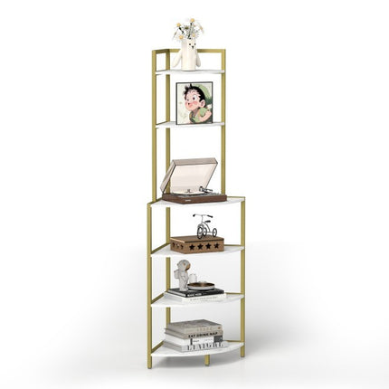 6-Tier Corner Open Shelf Modern Bookcase Wood Rack Freestanding Shelving Unit,Plant Album Trinket Sturdy Stand Small Bookshelf Space-Saving For Living Room Home Office Kitchen Small Space