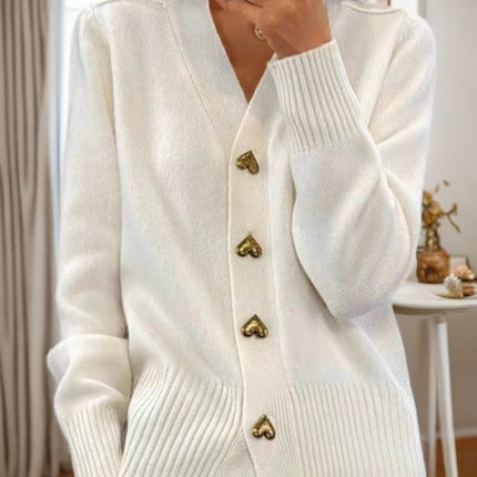 V-neck Knitted Sweater With Love Button Fashion Solid Long-sleeved Cardigan Spring And Autumn Women's Clothing