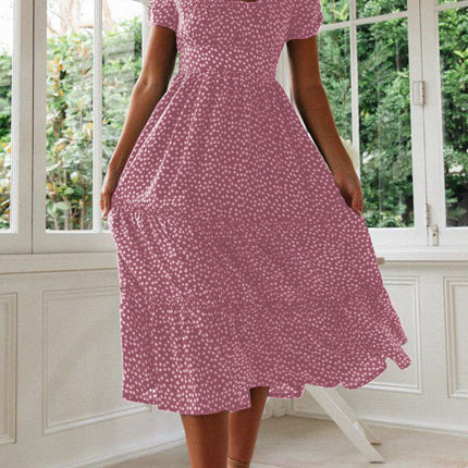 Square Collar Short Sleeve Dress Summer Puff Floral Printed Dress Long Dresses