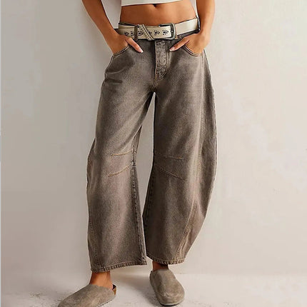 High Stretch Mid-Rise Barrel Jeans Fashion Wide Leg Shape Women Casual Baggy Mid Waist Denim Jeans