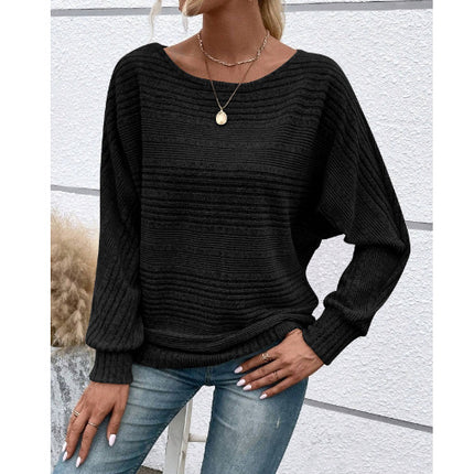 Solid Striped Batwing Sleeves T-shirt Fashion Casual Pullover Round Neck Long Sleeve Top Spring And Autumn Women's Clothing