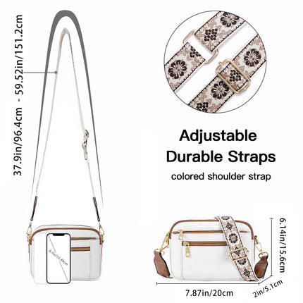 Triple-zipper Shoulder Bag With Floral Embroidered Straps Fashion Colorblock Multi-functional Crossbody Bags For Women