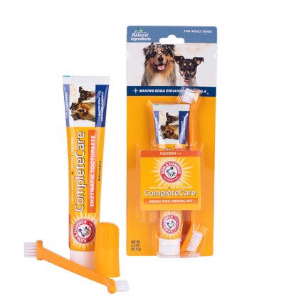 Arm & Hammer Complete Care Dog Dental Kit 2.5oz Chicken Flavored Dog Toothpaste, Double Side Dog Toothbrush, Rubber Dog Finger Brus Arm & Hammer Baking Soda Enhanced Formula
