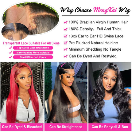 mengkai 26 Inch 13X6 HD Lace Front Wigs Human Hair Pre Plucked 13x6 Straight Lace Front Wigs Human Hair Frontal Wigs for Women Human Hair Straight Frontal Wigs Human Hair with Baby Hair