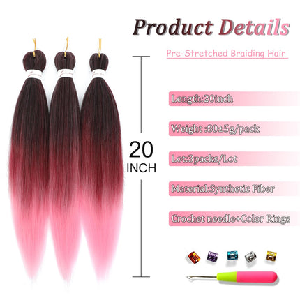 Easy Braids Ombre Braiding Hair Pre Stretched Long Braid 20Inch Professional Braid Hair Extensions Synthetic Crochet Twist Braids Ombre Braiding Hair (1b/bug/pink#-3PCS)