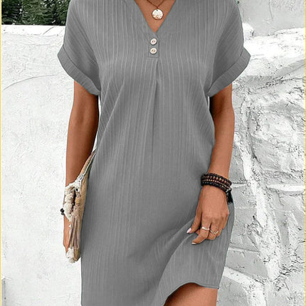 Fashion V-neck Short-sleeved Dress Casual Solid Strip Button Dresses Womens Clothing